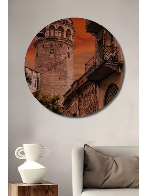 Teona Ahşap Galata Kulesi Yağlı Boya Görünümlü Ahşap Dekoratif Tablo Yuvarlak Tablo