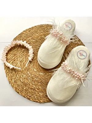 İrembaby Pembe Incili Tüylü Lohusa Tacı ve Lohusa Terliği Takımı Özel Tasarım Anne Lohusa Seti