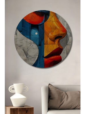 Teona Ahşap Modern Sanat Soyut Insan Yüzü Yağlı Boya Görünümlü Dekoratif Ahşap Tablo Yuvarlak Tablo
