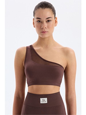 File Örgü Detaylı Tek Omuzlu Sporcu Sütyeni Kakao Kahve