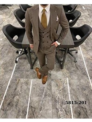 Fc Plus Kahve Renkli Geniş Yaka Yelekli Takım Elbise Erkek Slim Fit Model Türkiye Menşeli