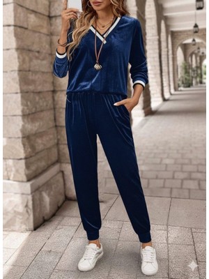 Gökyüzü Moda Kadın Uzun Kollu V Yaka Kadife Bluz ve Pantolon Ikili Takım