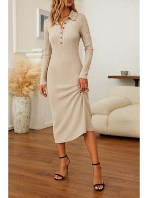 Nidam Butik Kadın Uzun Kollu Yakalı Düğmeli Şardonlu Kaşkorse Elbise