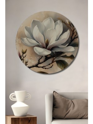 Teona Ahşap Büyük Beyaz Manolya Sulu Boya Görünümlü Sanat Tablosu Ahşap Dekoratif Yuvarlak Tablo