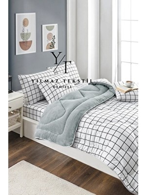 ChicMaison Beyaz Kare Desenli Çift Kişilik Pofuduk Uyku Seti Ranforce 195 x 215 cm Lastikli Çarşaflı