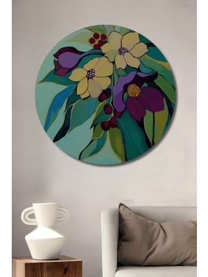 Teona Ahşap Canlı Renkler Yağlı Boya Görünümlü Çiçek Buketi Ahşap Dekoratif Tablo Yuvarlak Tablo