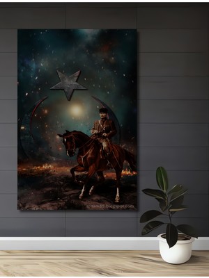Teona Ahşap Atatürk At Üzerinde Yağlı Boya Görünümlü Ahşap Dekoratif Tablo Dikdörtgen Tablo