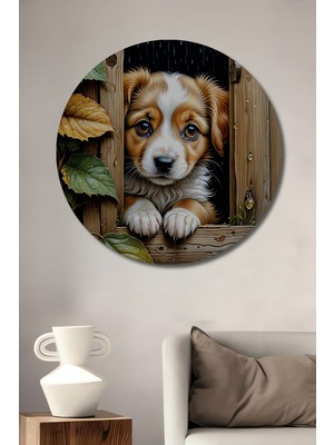 Teona Ahşap Sevimli Yavru Köpek Yağlı Boya Görünümlü Ahşap Dekoratif Tablo Yuvarlak Tablo