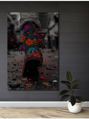 Teona Ahşap Renkli Çiçeklerle Bezeli Yağmur Çizmesi Ahşap Dekoratif Tablo Dikdörtgen Tablo