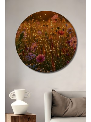 Teona Ahşap Gün Batımı Çiçek Tarlası Yağlı Boya Görünümlü Ahşap Dekoratif Tablo Yuvarlak Tablo