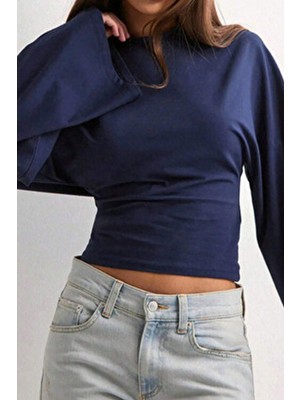 Tarz Cool Kadın Uzun Kollu Pamuklu Belden Oturtmalı Bluz Bisiklet Yaka Dar Kalıp