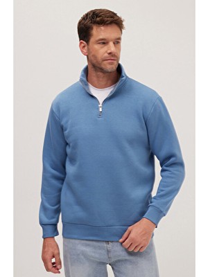 Tudors Unisex Relax Fit Rahat Kesim Pamuklu Içi Polarlı Yarım Fermuarlı Petrol Mavi Dik Yaka Sweatshirt