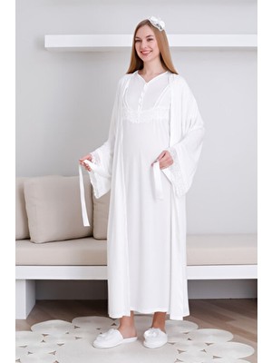 Erdeniz Tekstil Hamile Gecelik Takım Önü Düğmeli 2'li Gecelik ve Sabahlık Takım Kısa Kol Gecelik & Uzun Kol Sabahlık