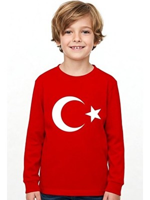 Lovexi Türk Bayrağı Ay Yıldız Baskılı Kırmızı Uzunkol Tişört (23 Nisan  19 Mayıs)