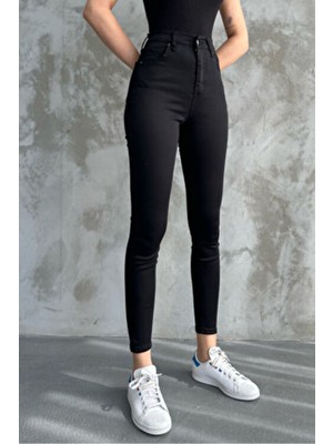 Belirtilmemiş jns Kadın Skinny Dar Paça Likralı Siyah Kot Pantolon Regular Kesim Denim Kumaş