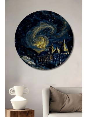 Teona Ahşap Hogwarts Yıldızlı Gece Yağlı Boya Görünümlü Ahşap Tablo Yuvarlak Tablo