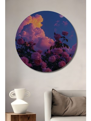 Teona Ahşap Büyülü Pembe Güller Ay Işığı Manzarası Yağlı Boya Görünümlü Ahşap Dekoratif Tablo Yuvarlak Tablo
