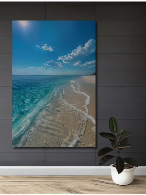 Teona Ahşap Masmavi Deniz Sahil Manzarası Yağlı Boya Görünümlü Dekoratif Ahşap Tablo Dikdörtgen Tablo