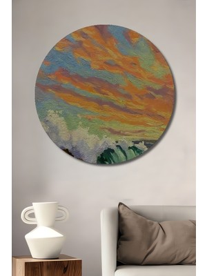 Teona Ahşap Büyük Dalgalar ve Renkli Gökyüzü Yağlı Boya Görünümlü Ahşap Dekoratif Tablo Yuvarlak Tablo