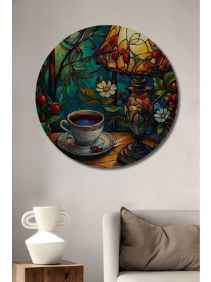 Teona Ahşap Ahşap Tablo Tiffany Tarzı Vitray Kahve Keyfi Yağlı Boya Görünümlü Sanat Eseri Yuvarlak Tablo