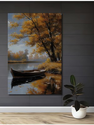 Teona Ahşap Sonbahar Gölde Ahşap Dekoratif Tablo Yağlı Boya Görünümlü Sanat Eseri Dikdörtgen Tablo
