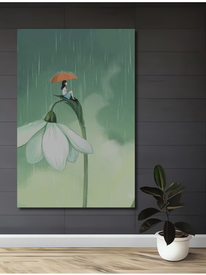 Teona Ahşap Yağmurda Çiçekte Oturan Kız Sulu Boya Görünümlü Dekoratif Ahşap Tablo Dikdörtgen Tablo