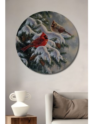Teona Ahşap Kardinal Kuşlar Kış Manzarası Yağlı Boya Görünümlü Dekoratif Ahşap Tablo Yuvarlak Tablo