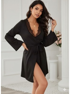 Gökyüzü Moda Kadın Uzun Kollu Dantel Yakalı Belden Kuşaklı Viskon Gecelik