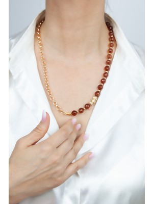 Liveyn Design Gold Zincir Kehribar Kristal Kolye