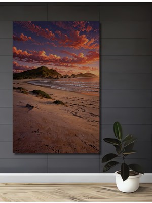 Teona Ahşap Gün Batımı Sahil Manzarası Suluboya Görünümlü Ahşap Tablo Dikdörtgen Tablo