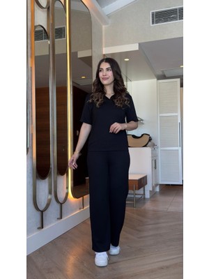 Aknbutik Kadın Kısa Kollu Yakalı Viskon Iki Iplik Bluz ve Pantolon Ikili Takım
