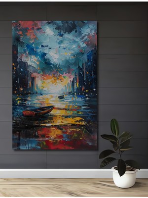 Teona Ahşap Yağlı Boya Görünümlü Modern Sanat Ahşap Tablo Işıklar Altında Şehir Manzarası  Dikdörtgen Tablo