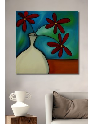 Teona Ahşap Modern Sanat Yağlı Boya Görünümlü Çiçek Vazo Ahşap Dekoratif Tablo Dikdörtgen Tablo