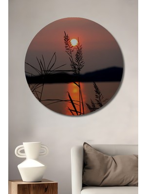 Teona Ahşap Gün Batımı Sazlık Manzarası Yağlı Boya Görünümlü Ahşap Dekoratif Tablo Yuvarlak Tablo