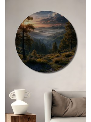 Teona Ahşap Masalsı Gün Batımı Manzarası Sulu Boya Görünümlü Dekoratif Ahşap Tablo Yuvarlak Tablo