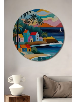 Teona Ahşap Tropik Tatil Kasabası Sulu Boya Görünümlü Ahşap Tablo Yuvarlak Tablo