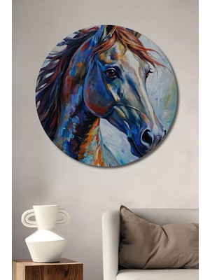 Teona Ahşap Görkemli At Yağlı Boya Görünümlü Ahşap Dekoratif Tablo Yuvarlak Tablo