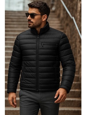 Comstar Siyah Erkek Kışlık Basic Dik Yaka Fermuarlı Şişme Mont Uzun Kol Cepli Slim Fit
