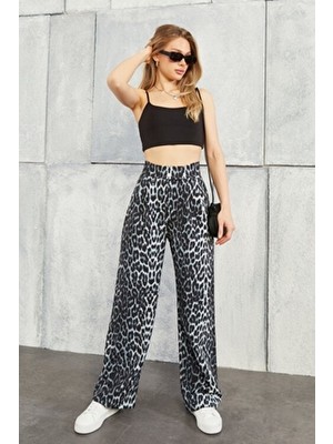 BILDEŞA Kadın Palazzo Pantolon Yüksek Leopar Bel Cırtlı Orta Kalınlık Polyester Kumaş