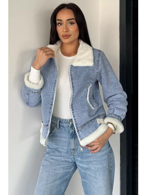 Gülseli Kadın Kemer Detaylı Çift Cepli Içi Kürklü Jean Kot Ceket P-00019043