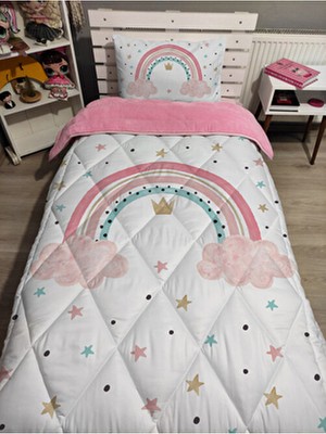 Welsoft Pofuduk Çift Taraflı Gökkuşağı Desenli Pamuk Polyester Tek Kişilik Yorgan Uyku Seti