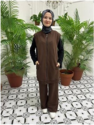 Alerva Tesettür Yelek Kolsuz Kahverengi Düz Desen Pamuk Polyester Malzeme ile Casual Stil