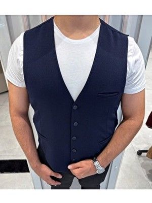 Sabri Zengin Erkek Lacivert V Yaka Slim Fit Full Kumaş Yelek
