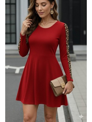 Nidam Butik Kadın Uzun Kollu Bisiklet Yaka Kollar Leopar Detay Iki Iplik Mini Boy Elbise