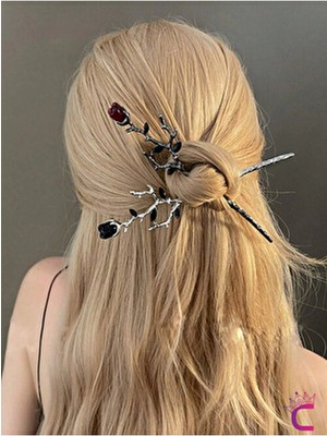 Cinderella 2'li Gothic Siyah Kırmızı Gül Metal Topuz Saç Tokası 17CM - Hediyelik Çin Japon Tarz Çubuk Toka
