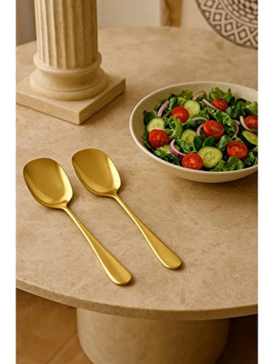 Tumu Life Pratik 2 Adet Paslanmaz Gold Çelik Lüx Servis Salata Kaşığı Spatula Çelik Yemek Servis Kaşığı 21CM