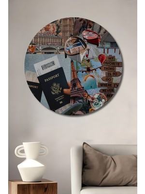 Teona Ahşap Seyahat Temalı Yağlı Boya Görünümlü Ahşap Dekoratif Tablo Yuvarlak Tablo