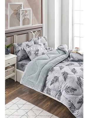 ChicMaison Gri Tüy Desenli Çift Kişilik Pofuduk Uyku Seti Ranforce 195 x 215 cm Lastikli Çarşaflı