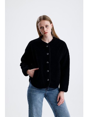 Isawella Içi Polarlı Düğmeli Peluş Ceket - Siyah
