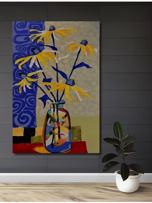 Teona Ahşap Sulu Boya Görünümlü Vazo ve Çiçekler Ahşap Dekoratif Tablo Dikdörtgen Tablo